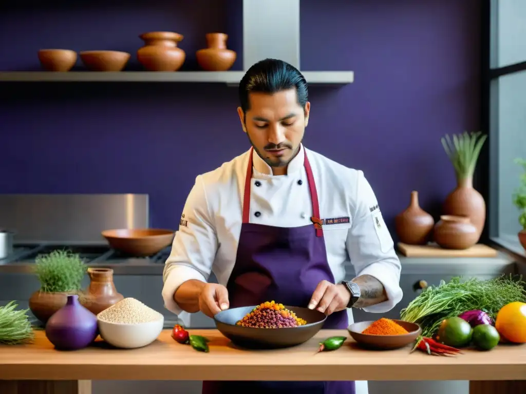 Chef peruano modernizando platos ancestrales en cocina moderna con ingredientes tradicionales peruanos y una presentación innovadora