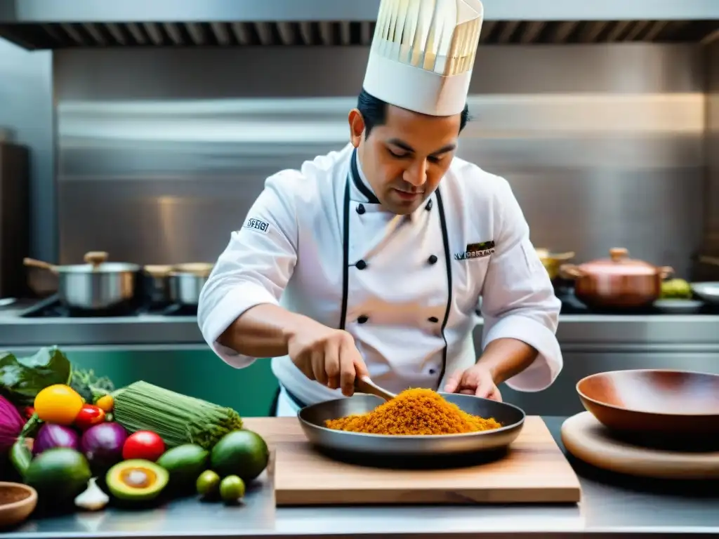 Chef peruano modernizando platos ancestrales en cocina moderna con ingredientes coloridos