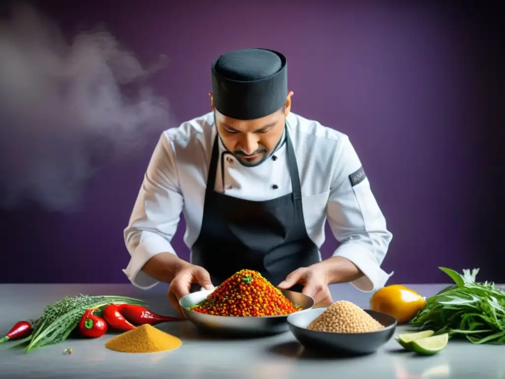 Chef peruano modernizando platos ancestrales en una cocina elegante con ingredientes tradicionales peruanos y colores vibrantes