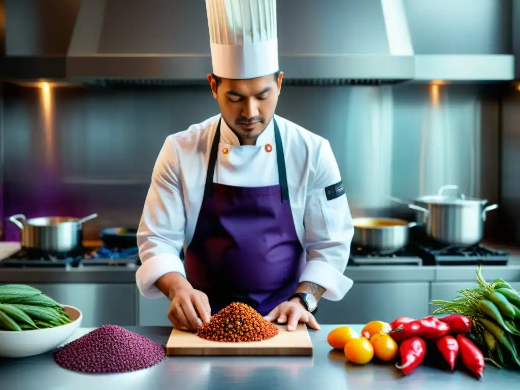 Chef peruano modernizando platos ancestrales en cocina moderna con ingredientes tradicionales