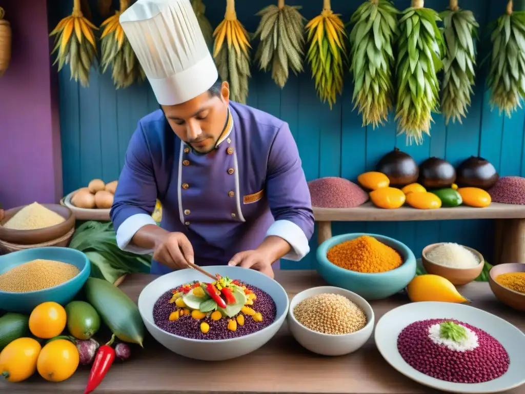 Un chef peruano preparando platos ancestrales gastronomía peruana reviven con técnicas antiguas en un mercado local vibrante