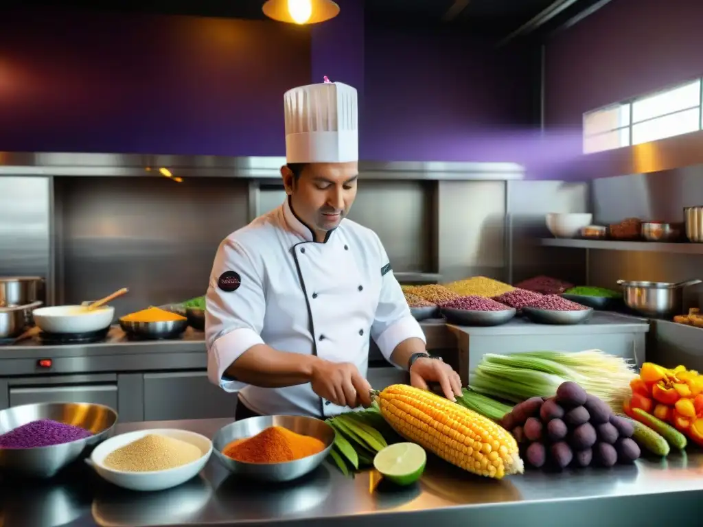 Chef peruano modernizando platos ancestrales en bulliciosa cocina, rodeado de ingredientes tradicionales peruanos