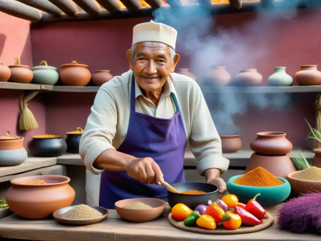 Un chef peruano preparando platos andinos en su cocina tradicional de los Andes