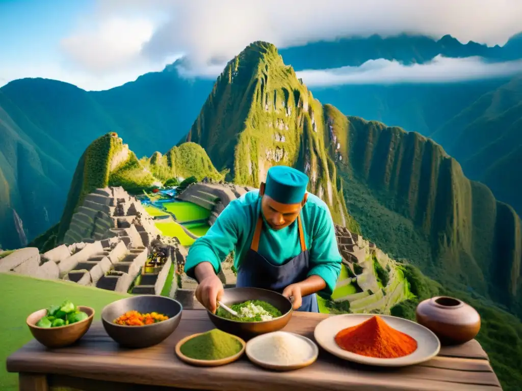 Un chef peruano prepara platos andinos en Machu Picchu, mostrando la gastronomía peruana en su máxima expresión