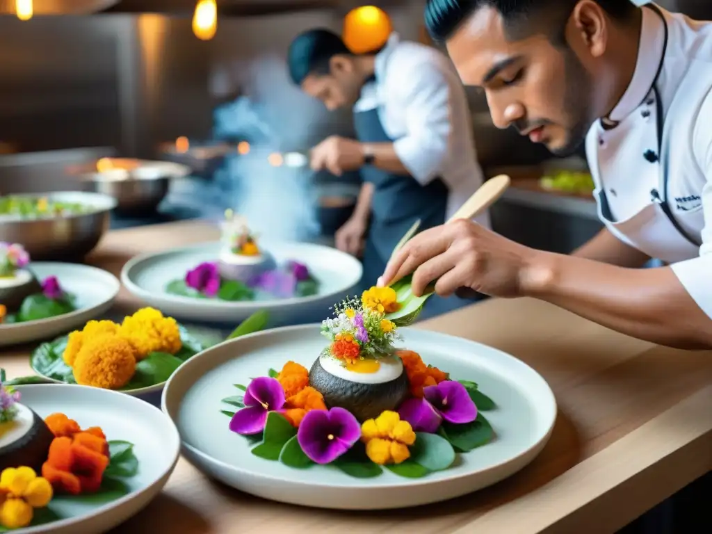 Un chef peruano hábil crea platos coloridos con ingredientes locales, fusionando sabores tradicionales con técnicas modernas