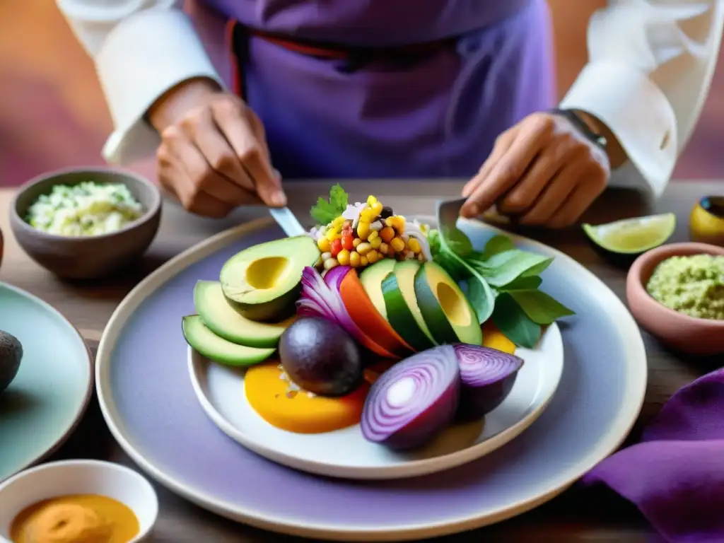 Un chef peruano presenta platos coloridos y elaborados en una cocina tradicional