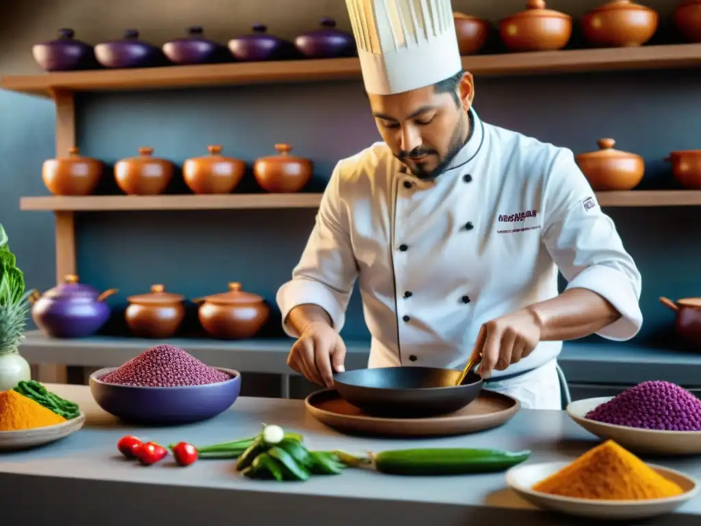 Un chef peruano preparando platos contemporáneos en una cocina preincaica llena de ingredientes vibrantes como maíz morado y ajíes