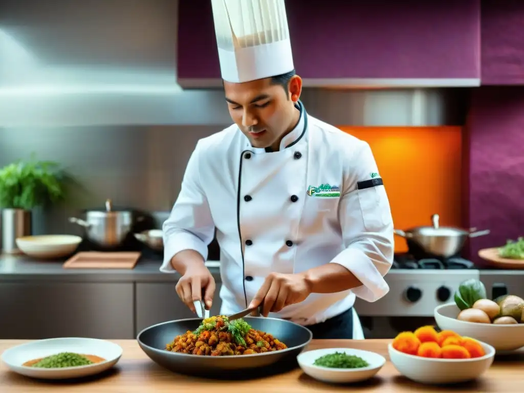 Un chef peruano preparando platos contemporáneos con cocina preincaica en una cocina moderna