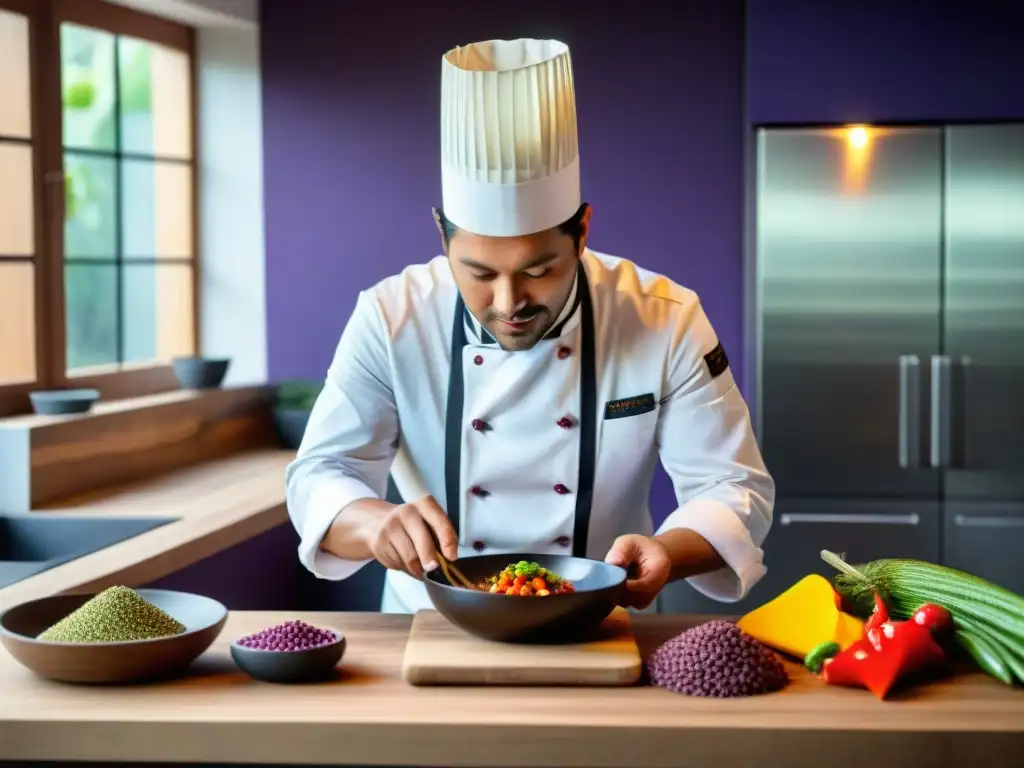 Un chef peruano preparando platos contemporáneos en una cocina preincaica, con ingredientes coloridos y técnicas ancestrales