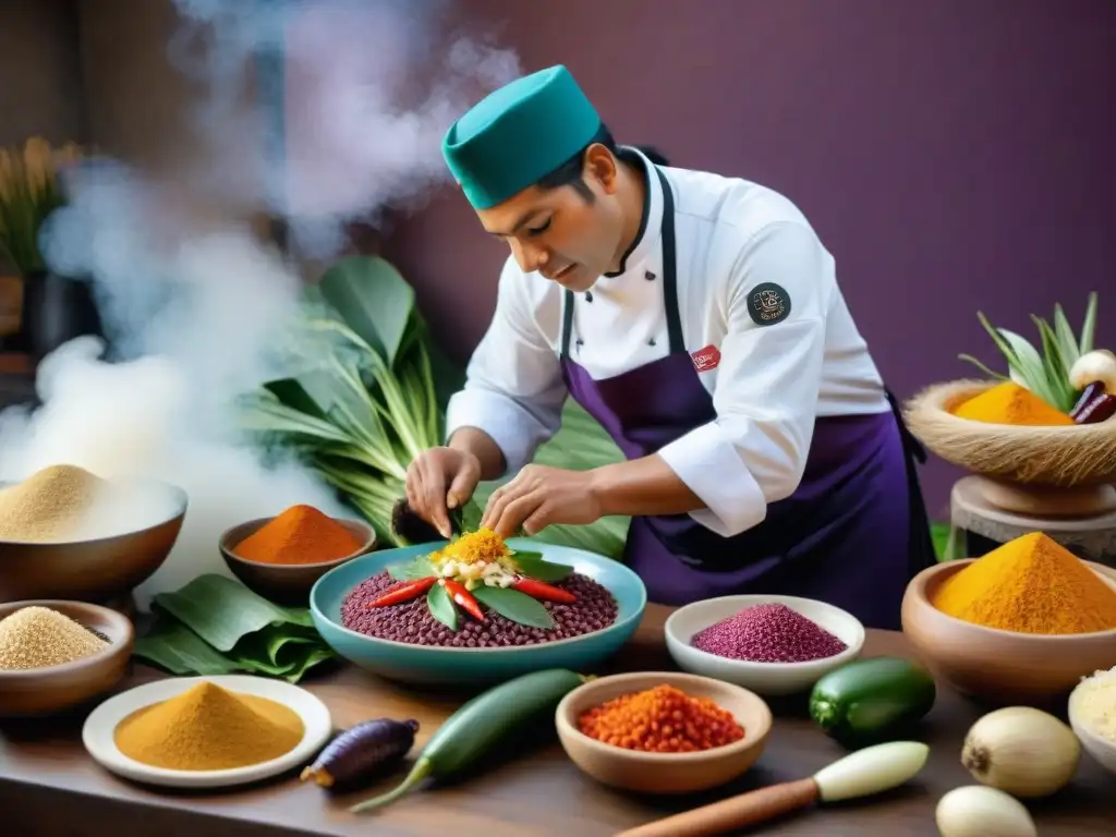 Un chef peruano preparando platos contemporáneos fusionando cocina preincaica con técnicas modernas