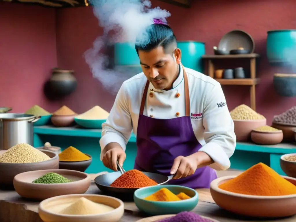 Un chef peruano preparando platos cusqueños rodeado de ingredientes y utensilios tradicionales