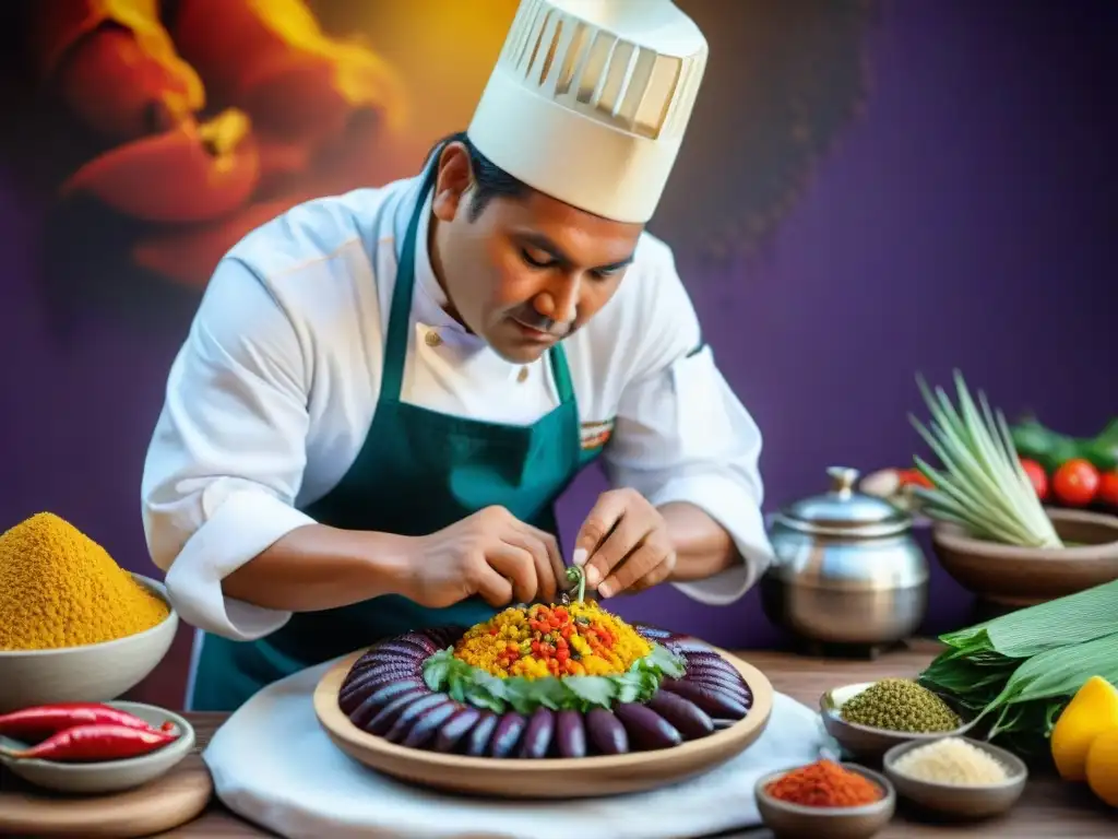 Chef peruano preparando plato festivo: detalle y color Chef peruano preparando platos festivos peruanos auténticos con maestría y coloridos ingredientes frescos