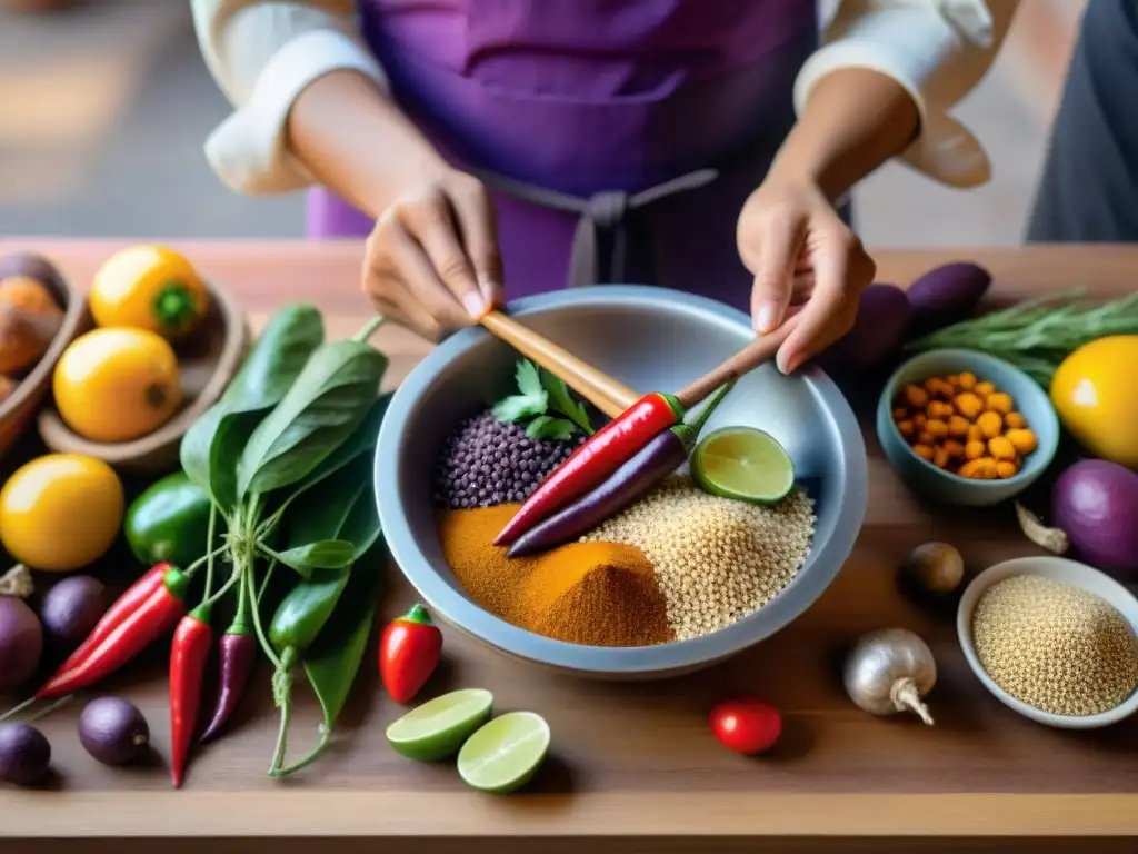 Cocina peruana festiva: tradición y colorido Un chef peruano prepara platos festivos peruanos auténticos en una cocina tradicional vibrante y colorida