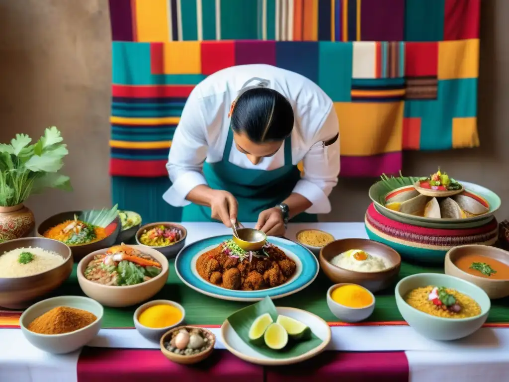 Chef peruano crea obras de arte culinarias en mesa festiva Un chef peruano crea platos festivos peruanos auténticos con habilidad y pasión