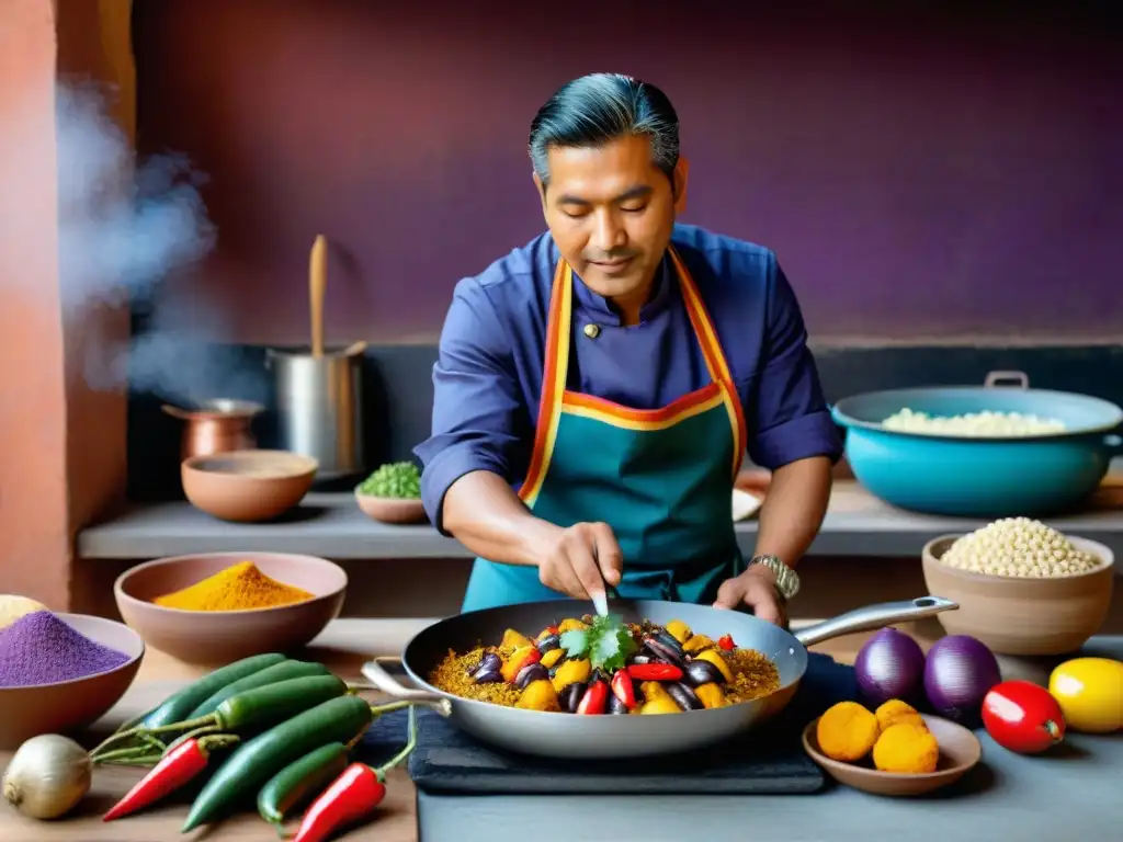 Chef peruano preparando plato festivo con ingredientes vibrantes Un chef peruano prepara platos festivos auténticos en una cocina tradicional, rodeado de ingredientes vibrantes