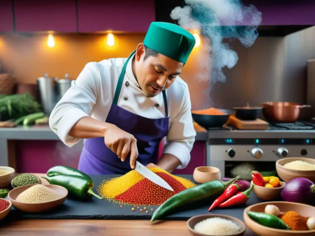 Chef peruano: tradición culinaria festiva en acción Un chef peruano preparando platos festivos auténticos en una cocina tradicional, rodeado de ingredientes coloridos