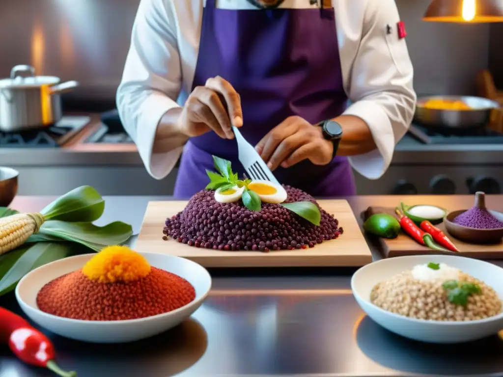 Un chef peruano preparando platos fusionados en una cocina moderna, destacando la mezcla de tradición e innovación en la gastronomía peruana