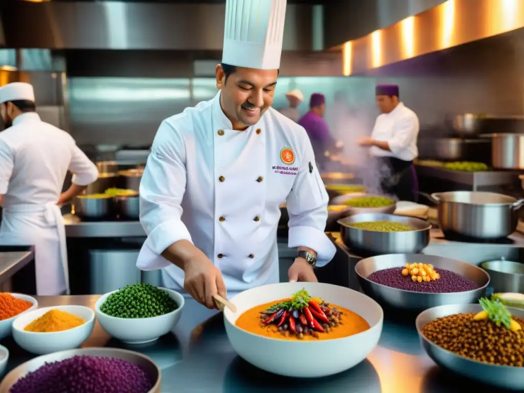 Un chef peruano crea platos fusionando ingredientes autóctonos en una cocina vibrante