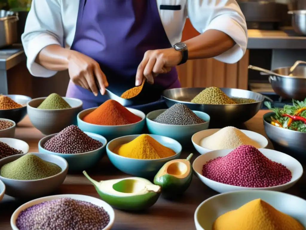 Un chef peruano prepara platos con ingredientes autóctonos en una cocina bulliciosa