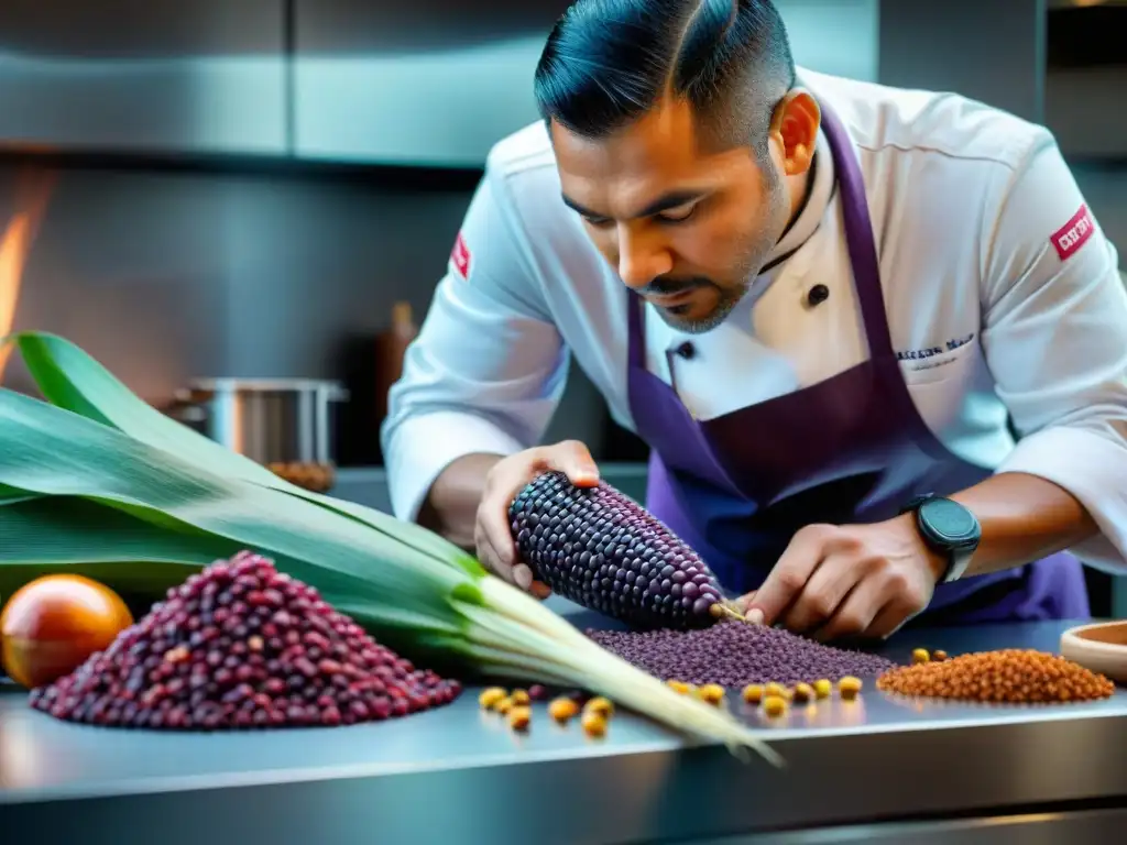 Chef peruano Virgilio Martínez crea platos con ingredientes autóctonos en escena colorida y detallada