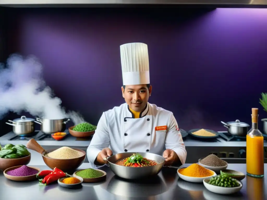 Chef peruano preparando platos innovadores en una cocina moderna con ingredientes exóticos