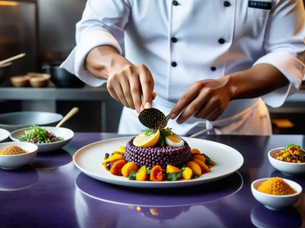 Un chef peruano prepara platos innovadores con maestría en una cocina profesional, destacando la gastronomía peruana