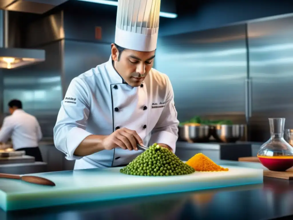 Chef peruano creando alta cocina molecular con precisión Un chef peruano crea platos de gastronomía molecular con precisión en laboratorio moderno, fusionando sabores tradicionales