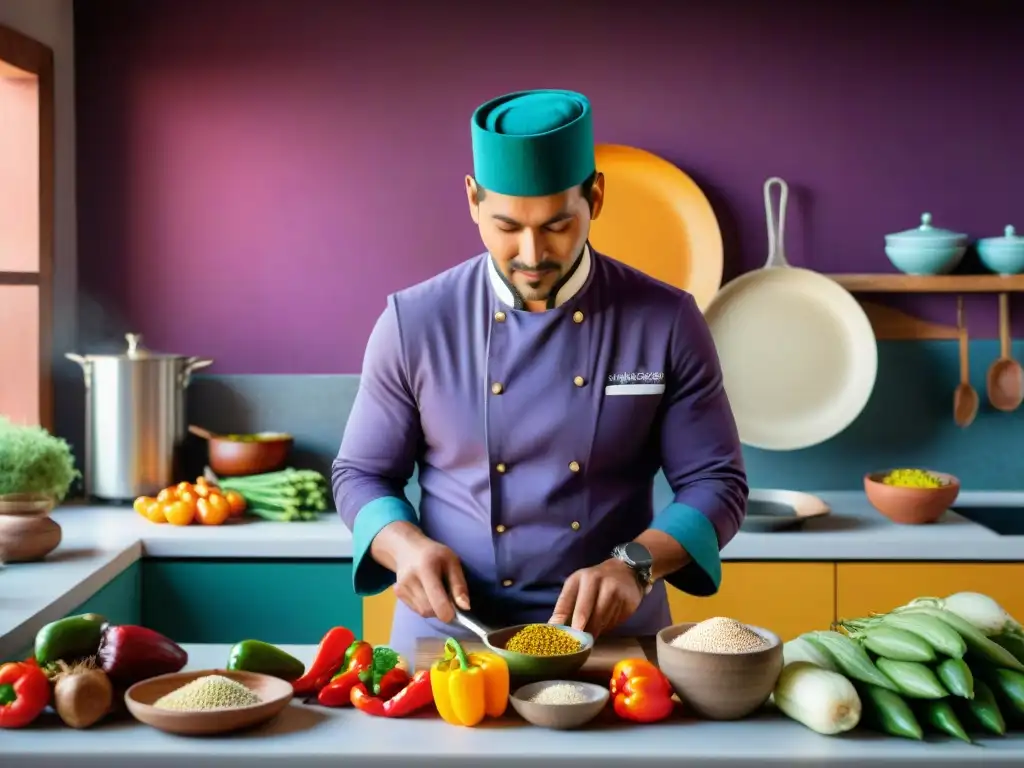 Un chef peruano prepara platos ligeros en una cocina tradicional, resaltando la cocina saludable peruana con ingredientes vibrantes