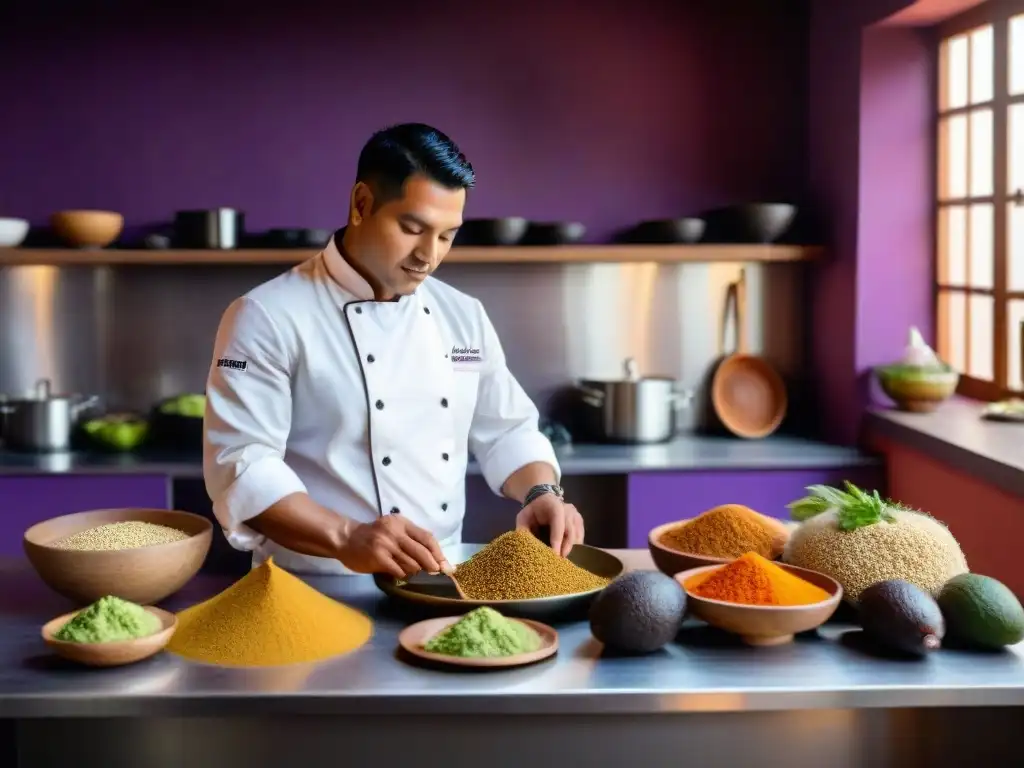 Un chef peruano preparando platos con maca en una cocina tradicional, rodeado de ingredientes coloridos