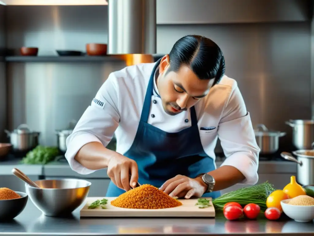 Un chef peruano preparando platos de fusión peruana creativos en una cocina moderna