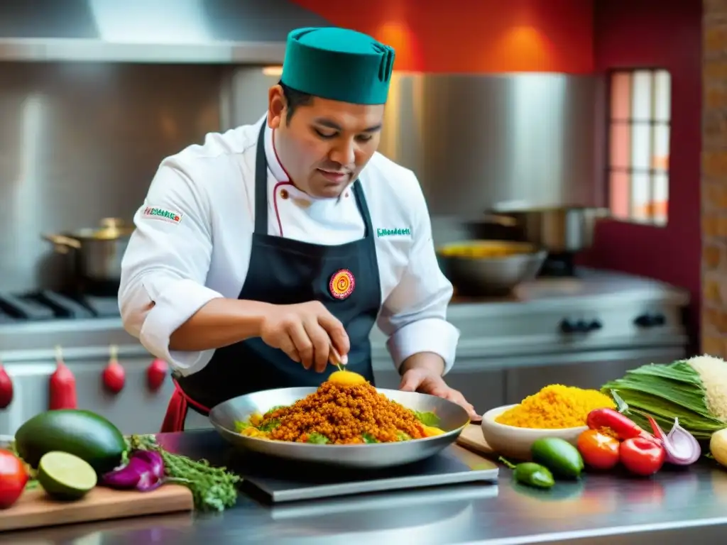 Un chef peruano preparando platos peruanos en una cocina moderna con ingredientes típicos