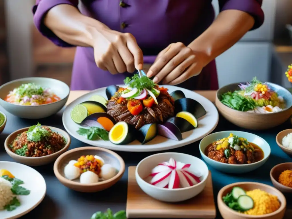 Un chef peruano prepara platos peruanos autóctonos fotográficos con dedicación en cocina tradicional