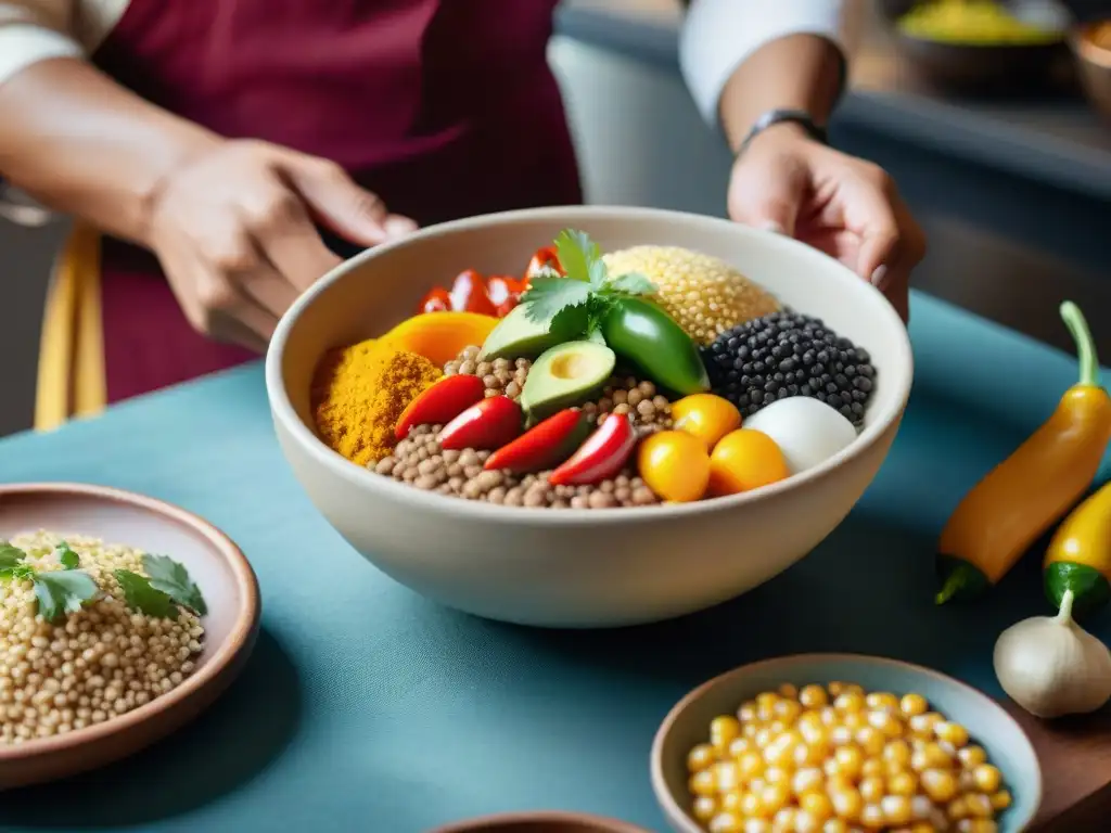 Un chef peruano prepara platos precolombinos gastronomía peruana en cocina vibrante