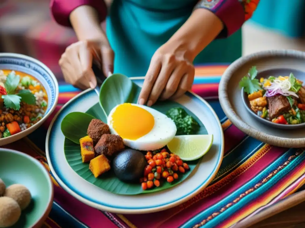 Un chef peruano coloca platos sobre un textil andino, fusionando arte culinario y herencia cultural