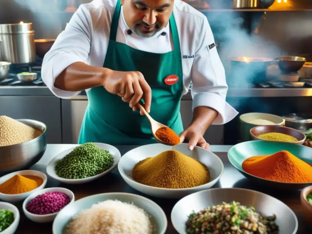 Un chef peruano preparando platos tradicionales en una cocina costeña llena de ingredientes vibrantes y utensilios tradicionales