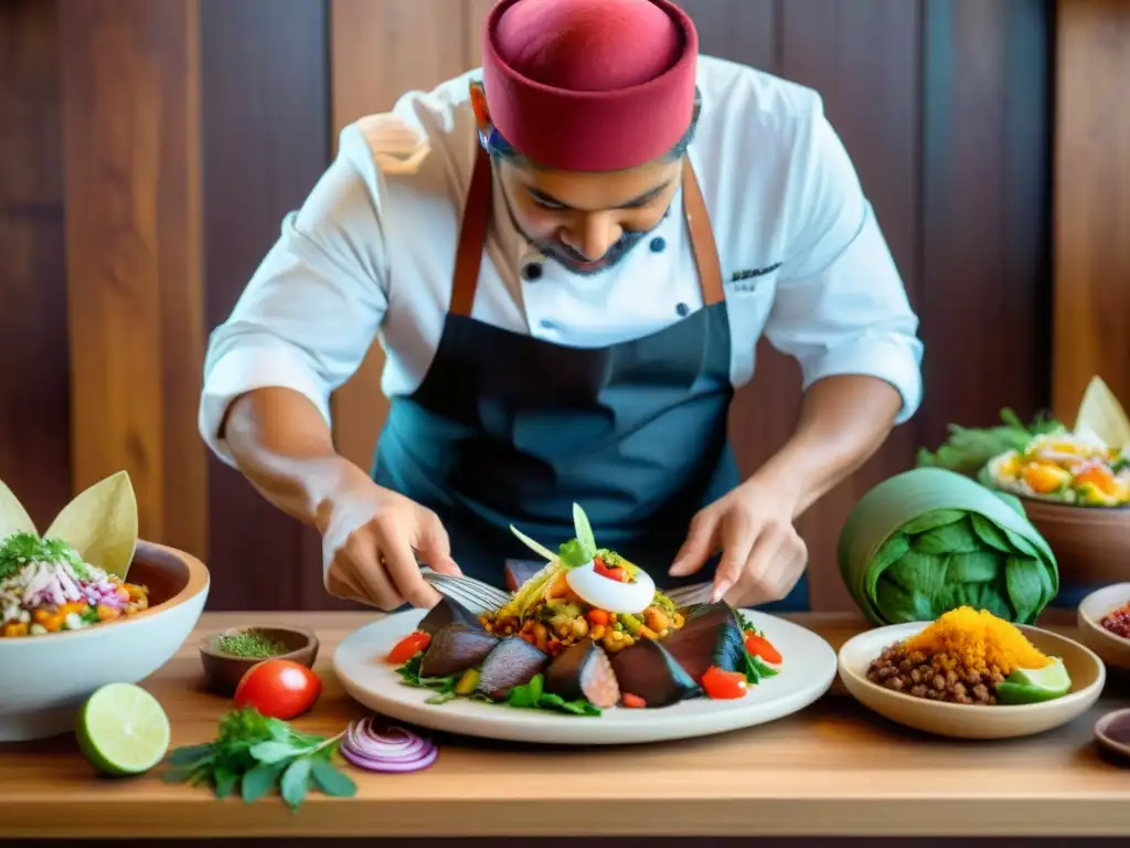 Un chef peruano arregla platos tradicionales y contemporáneos en una mesa de madera