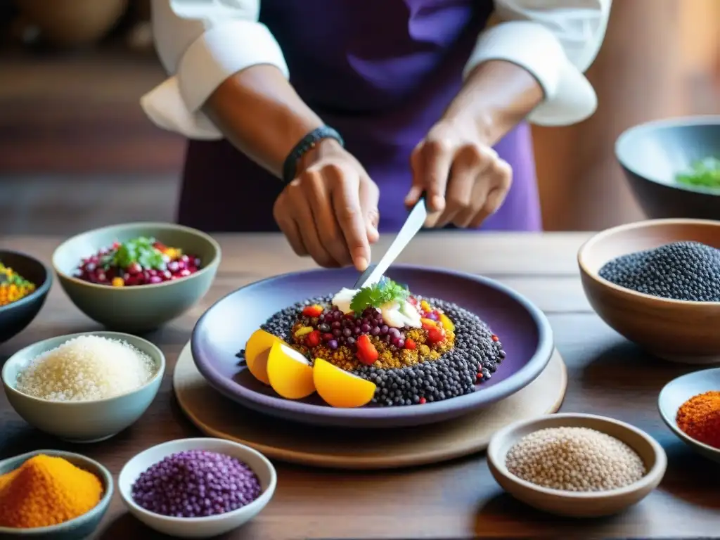 Un chef peruano preparando platos tradicionales con ingredientes autóctonos, mostrando arte culinario peruano