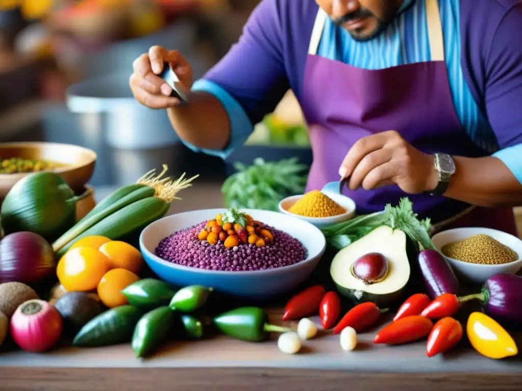 Un chef peruano preparando platos tradicionales con mashua, oca y aji, en un mercado colorido