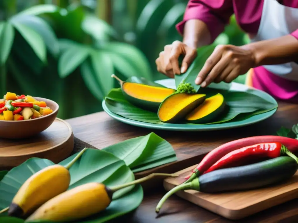 Un chef peruano preparando platos tradicionales amazónicos con ingredientes exóticos