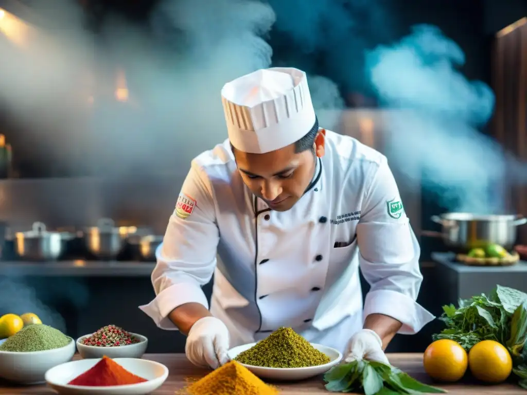 Chef peruano fusionando platos tradicionales con técnicas modernas en una escena colorida de gastronomía peruana platos tradicionales fusiones