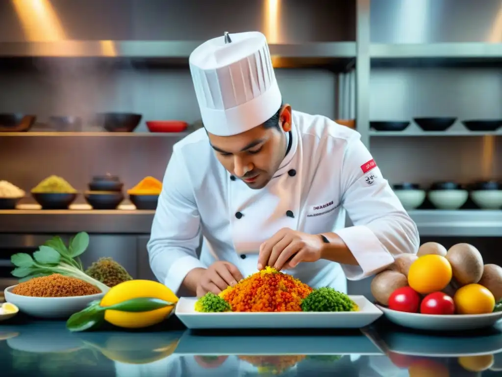 Un chef peruano prepara platos tradicionales con fusiones en una cocina de alta gama