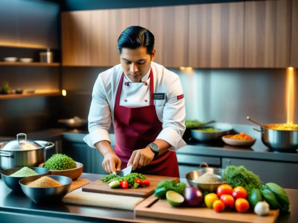 Un chef peruano hábil preparando platos tradicionales de la gastronomía peruana gourmet en una cocina moderna y armoniosa