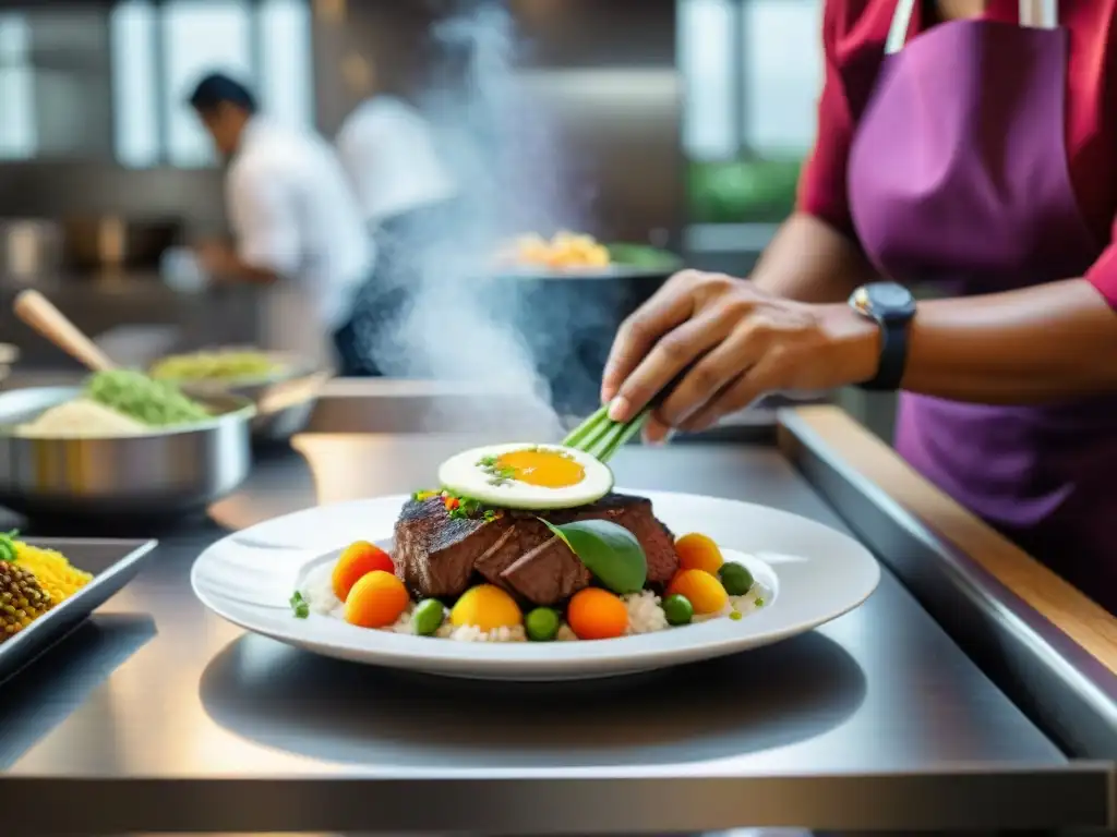 Un chef peruano fusionando platos tradicionales con innovación en una cocina moderna, destacando la gastronomía peruana