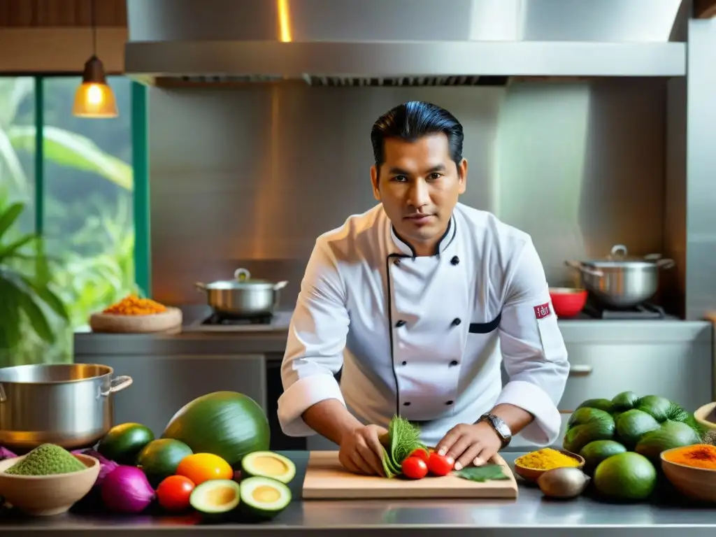 Un chef peruano preparando platos tradicionales con ingredientes de la selva en cocina moderna