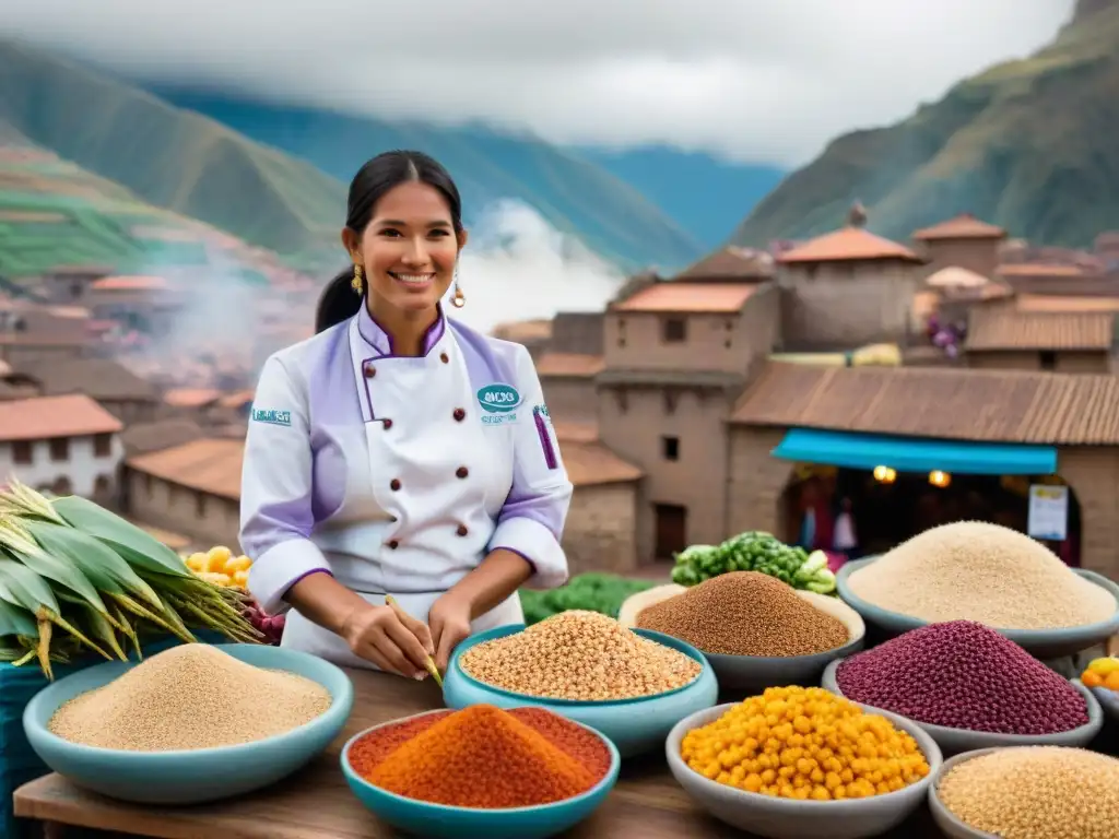 Un chef peruano preparando platos tradicionales en un mercado de Cusco, rodeado de coloridos productos nativos