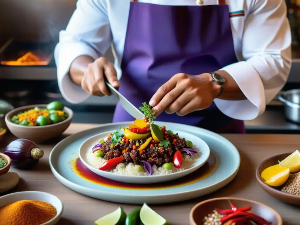 Un chef peruano preparando platos tradicionales en una cocina bulliciosa con ingredientes autóctonos