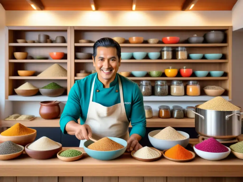 Un chef peruano preparando platos tradicionales con supergranos andinos, mostrando los beneficios para la salud y el envejecimiento