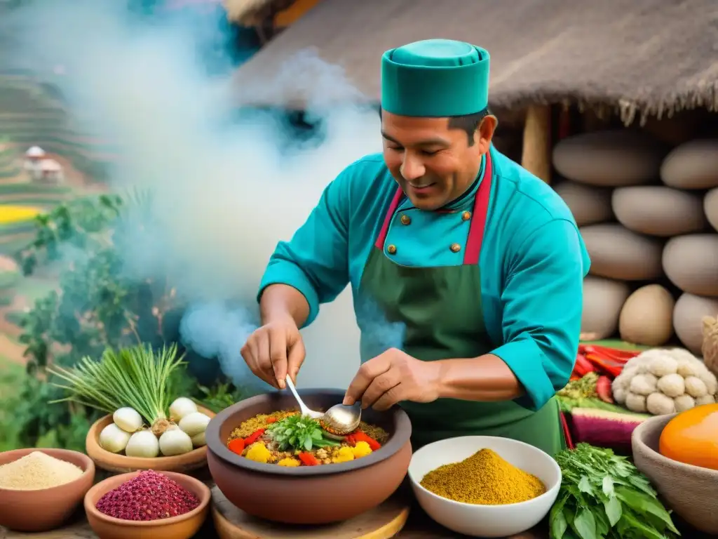 Un chef peruano preparando platos tradicionales gastronomía peruana con ingredientes locales en Maras y Moray