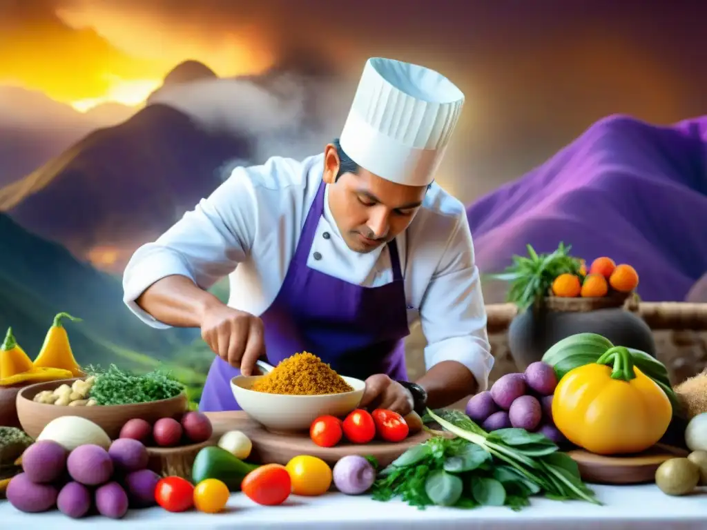 Un chef peruano preparando platos tradicionales en la cocina andina