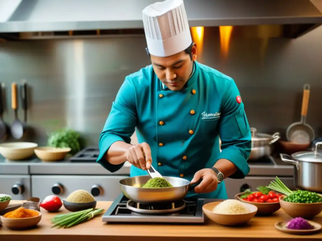 Un chef peruano preparando platos tradicionales en cocina moderna con utensilios fusionados